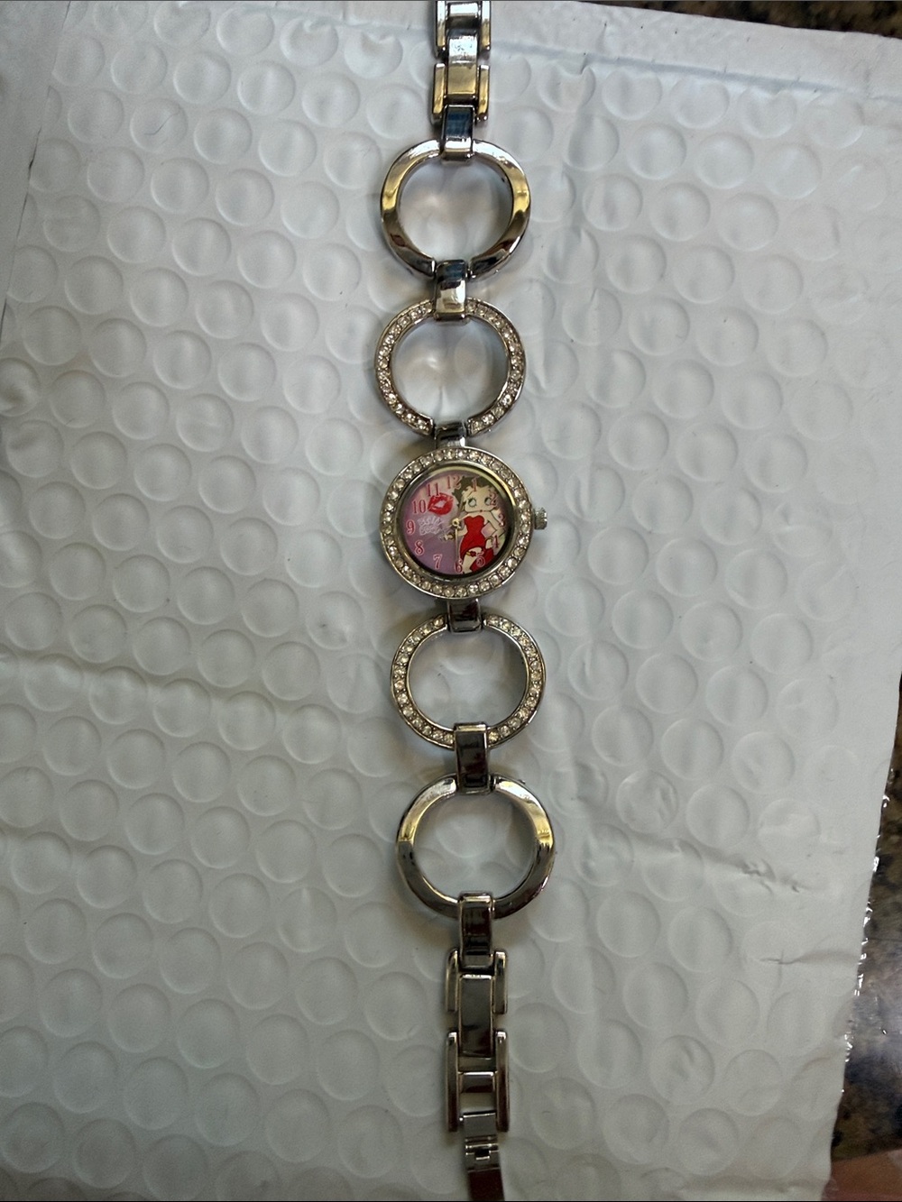 Silver Link Bracelet Watch with Pink Floral Dial